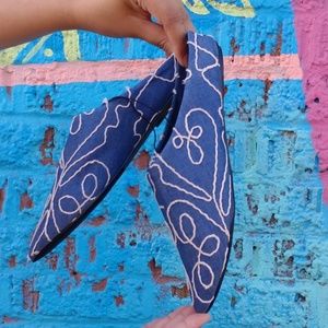 NWT Denim mules with embroidery detailing